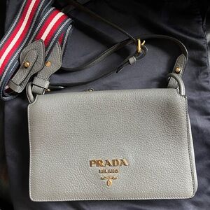 Prada Gray Leather Bag with Gold Logo and 2 straps. Striped & same color strap.